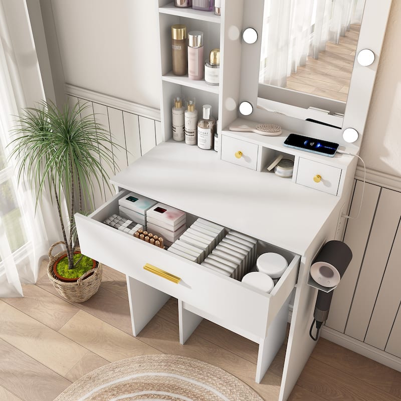 Vanity Desk with Mirror & LED Lights, Makeup Table with Power Outlet, Hairdryer Holder & Stool, Compact Dressing Table Set