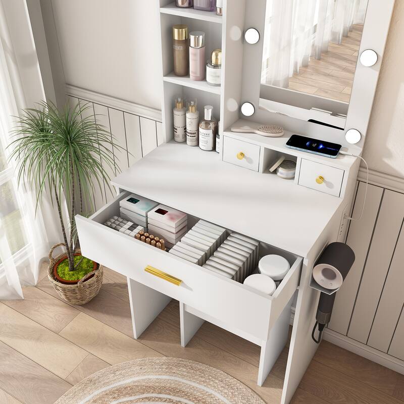 Vanity Table with Mirror & Adjustable LED Lights, Power Outlet, Hairdryer Holder & Stool - Compact Dressing Desk