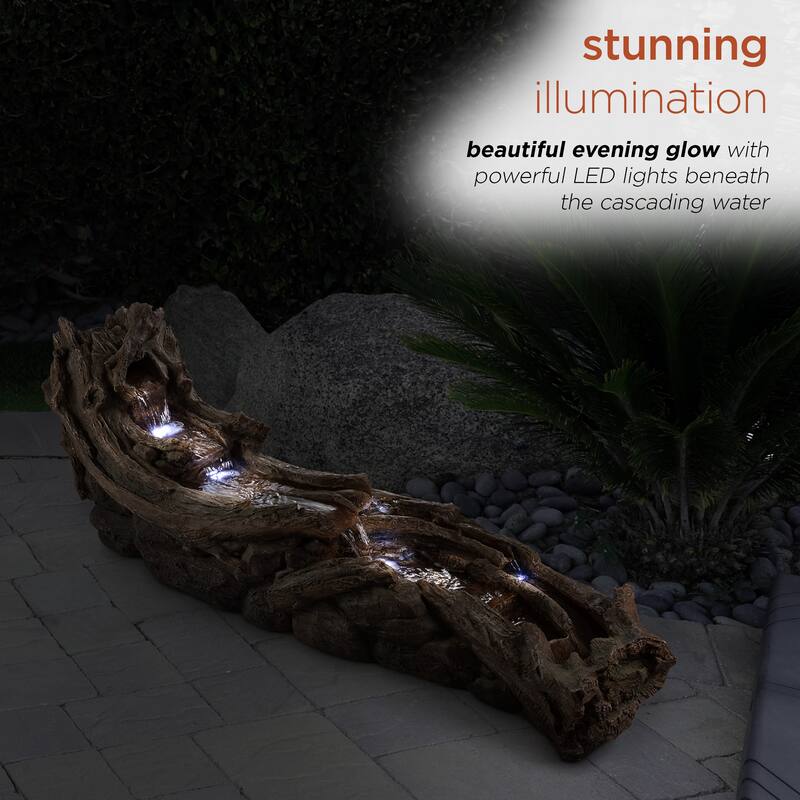 Alpine Corporation TZL242 80" Brown and Gray Indoor Outdoor Wood River Log Water Fountain with LED Lights