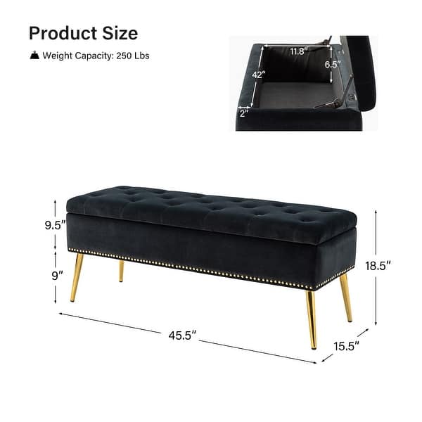 dimension image slide 2 of 19, HULALA HOME Neptunus Modern 45.5" W Velvet Bedroom Storage Bench for End of Bed with Nailhead Trim