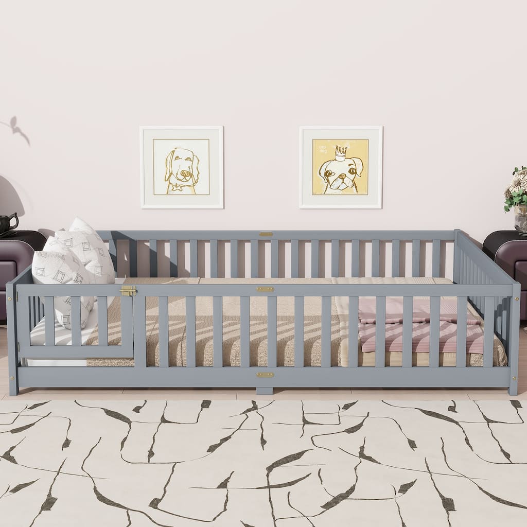 Classic Wooden Kids Floor Bed, Queen Floor Platform Bed Frame with Slat Support, Rubber Wood Floor Bed Frame with Fence and Door