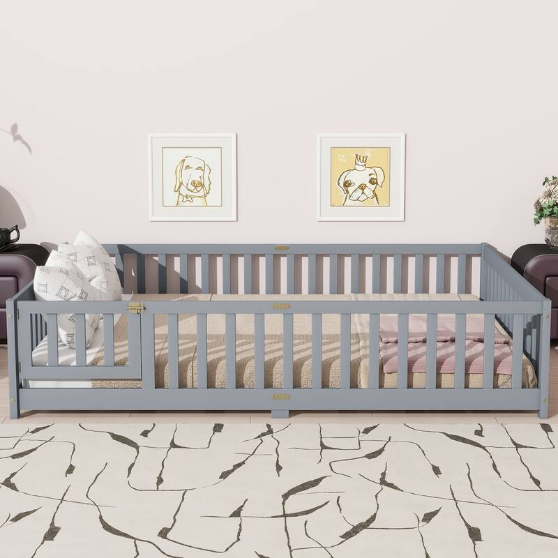 Floor Bed with Fence,Door and Safety Guardrails,Perfect for Kids' Play,Sleep and Development - Grey-Queen Size