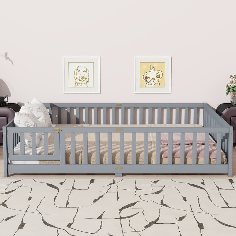 Grey Queen Size Wooden Floor Bed with Fence, Door, Rubber Safety Guardrails