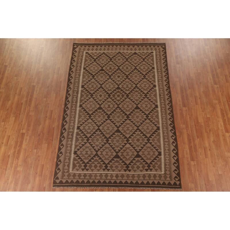 Hand Woven Oriental 100% Wool Carpet Southwestern Geometric Brown Kilim Area Rug - 9' 10'' X 6' 7''