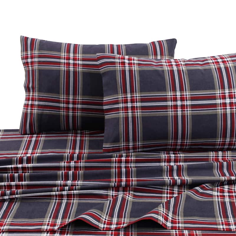 Cotton Flannel Extra Deep Pocket Bed Sheet Set with Oversize Flat Sheet - Queen - Heritage Plaid