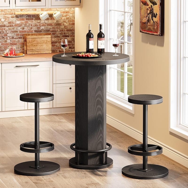 Industrial Round Bar Table with 2 barstools, Pub Table for Kitchen Nook, Apartment, Small Space - Black
