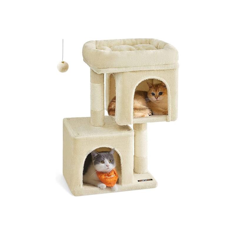 Plush Multi-Level Cat Tower with 2 Spacious Cat Caves and Scratching Posts - 15.7"L x 11.8"W x 26.4"H - Beige