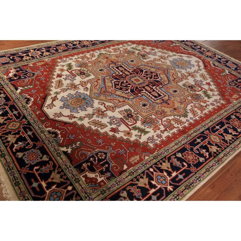 Geometric Ivory Heriz Serapi Indian Area Rug Handmade Wool Carpet - 7'9"x 10'2"
