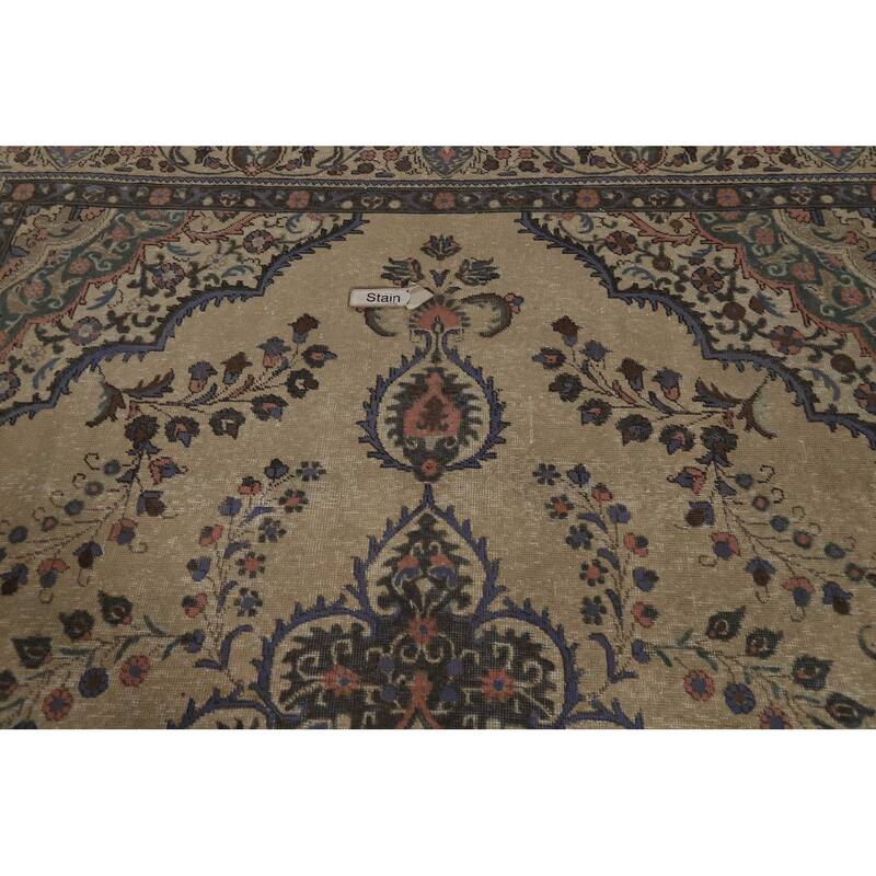 Tabriz Persian Vintage Rug Hand-Knotted Traditional Beige Wool Carpet - 7'8" x 11'2"