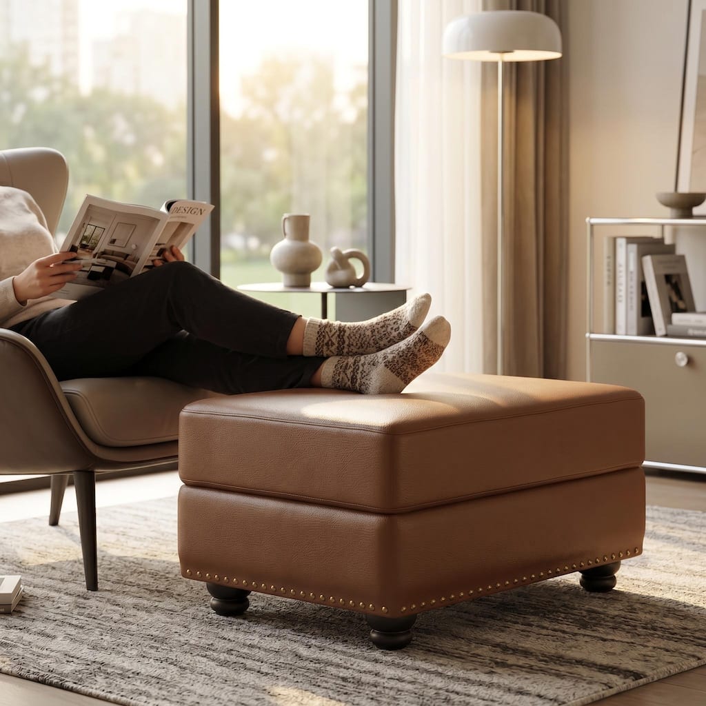 Homy Casa Chesterfield Faux Leather Ottoman Stool with Nailhead Trim, Chesterfield Footrest Bench for Sofa Couch Living Room