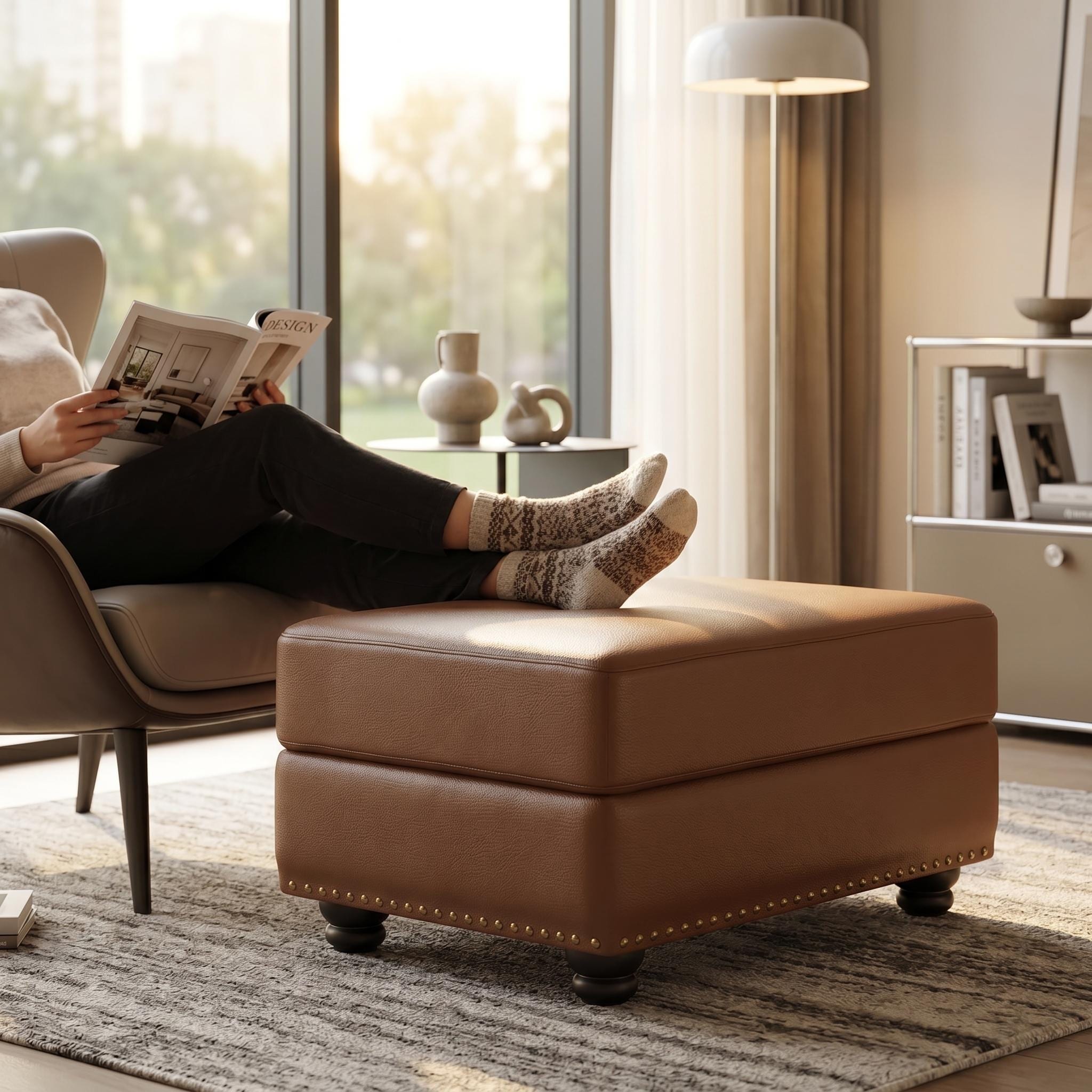 Homy Casa Chesterfield Faux Leather Ottoman Stool with Nailhead