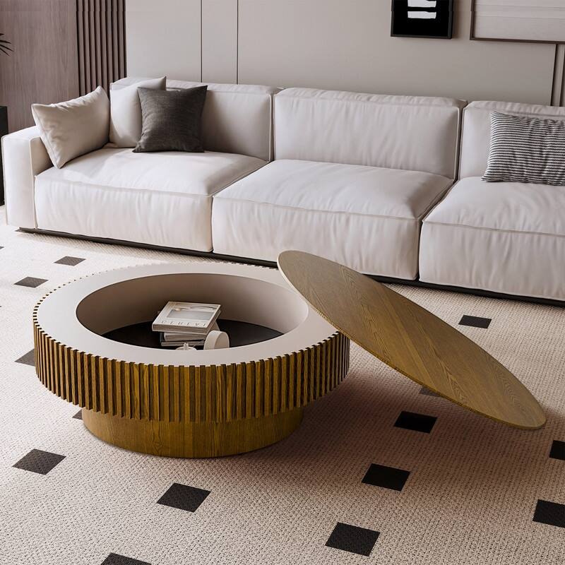 39.37" Round Coffee Table with Storage Solid Wood Veneered Modern Accent Table for Living Room or Bedroom