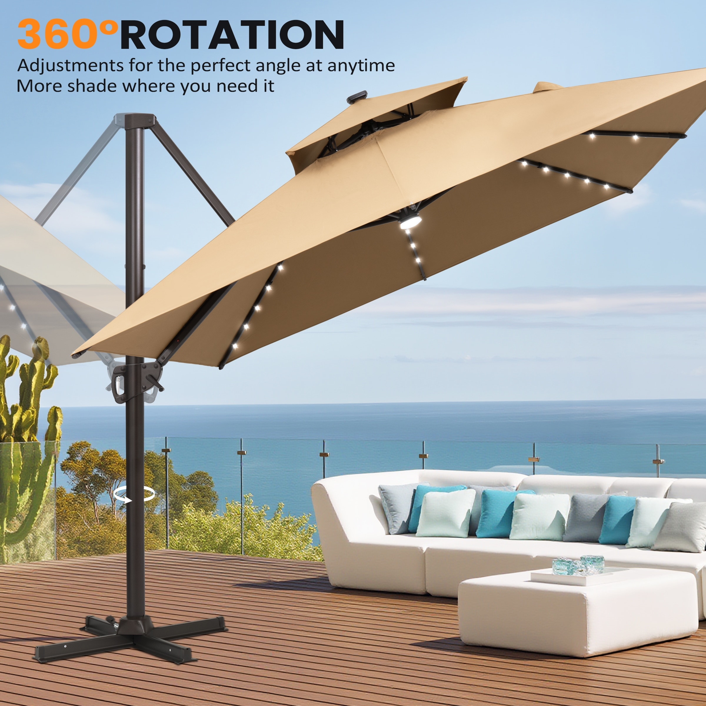 11ft solar led lighted patio umbrella w tilt adjustmen Yaheetech w/Push Button & Crank, Tan The Double Top Patio Umbrellas stability and mobility are equally impressive Solar LED Lighted Striped Patio