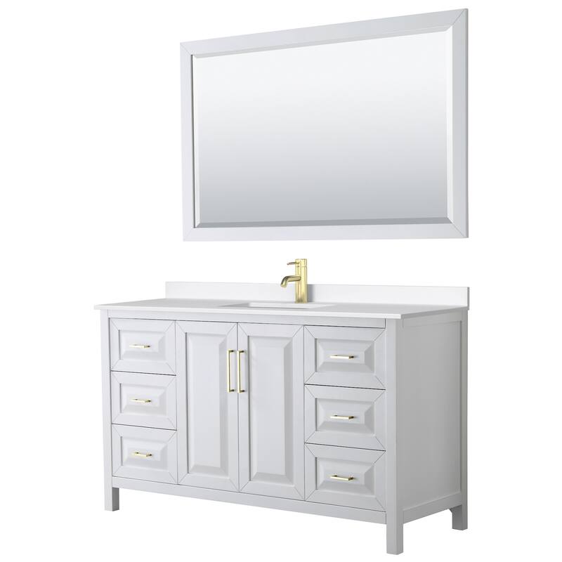 Daria 60-inch Single Vanity, Single Hole Quartz Top, 58-inch Mirror - White, Gold Trim, White Quartz Top