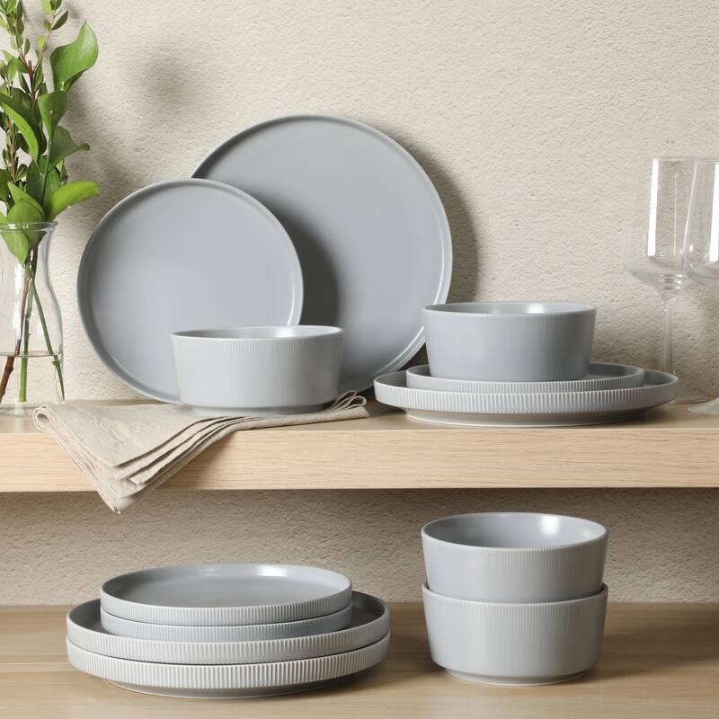 Gibson Home Dempsey Road 12-Piece Durable Modern Embossed Stoneware Dinnerware Set - Service for 4