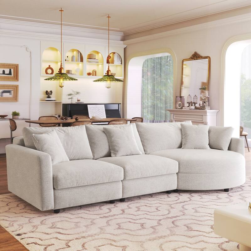 3-Piece Sectional Sofa with Curved Chaise and 3 Throw Pillows - Perfect for Living Rooms, Offices - Beige