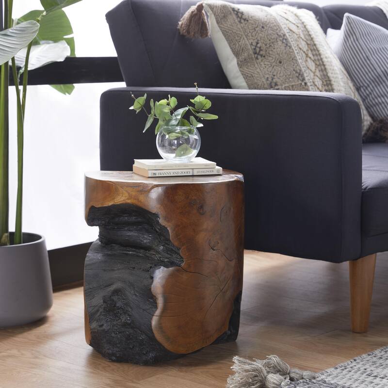 Teak Wood Handmade Live Edge Stump Side End Accent Table with Charred Detailing - Brown - Roche River Decor