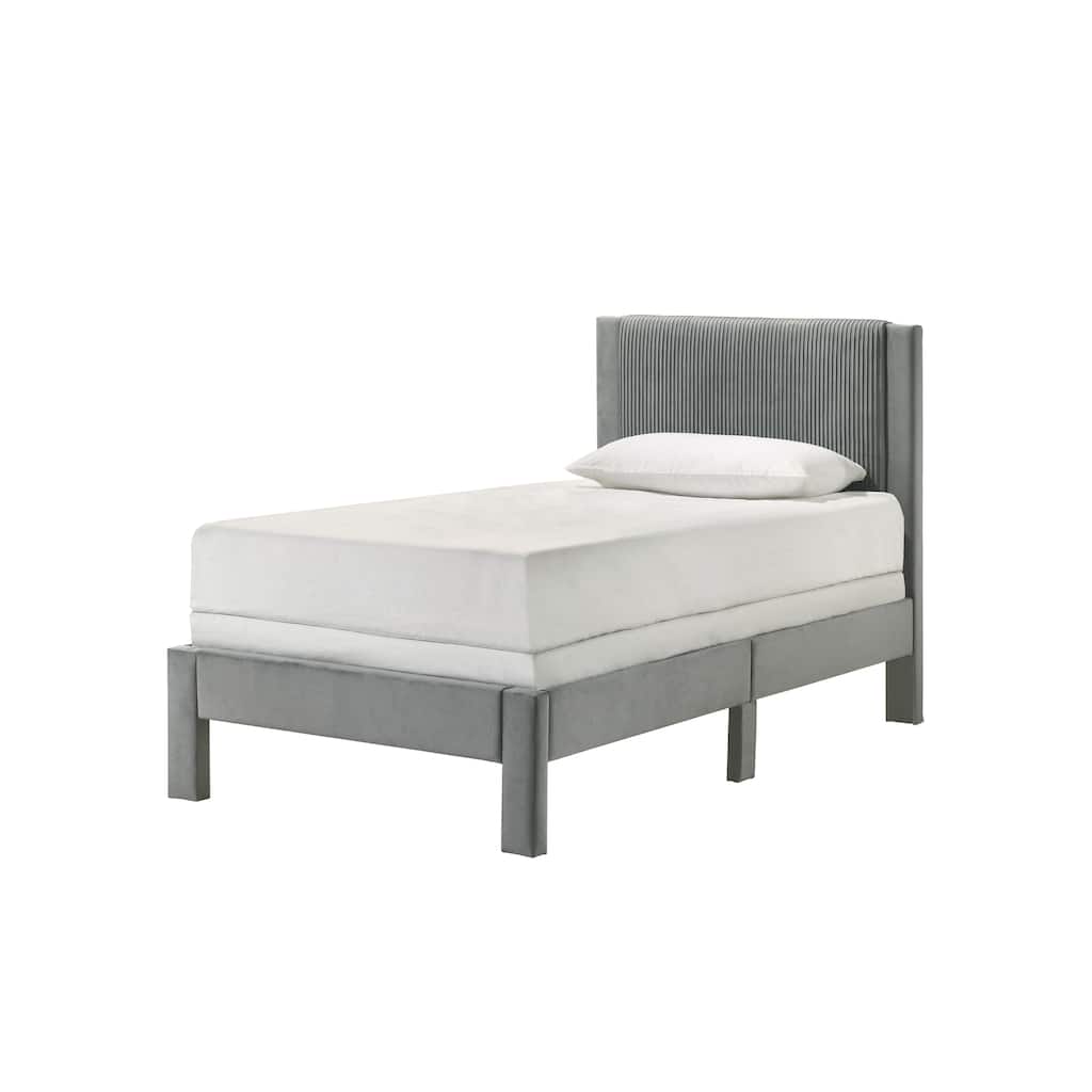 Contemporary Plush Upholstered Twin Bed with Ribbed Headboard, Low-profile Frame, Light Gray