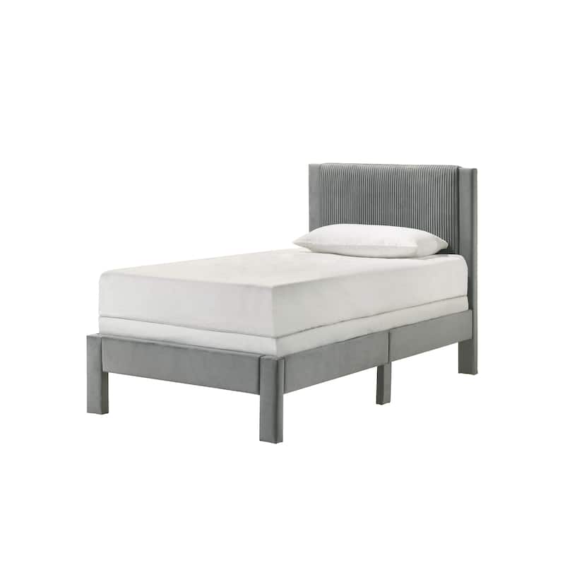 Twin Size Wood Platform Bed with Ribbed Upholstered Headboard and Low-Profile Frame - Light Gray