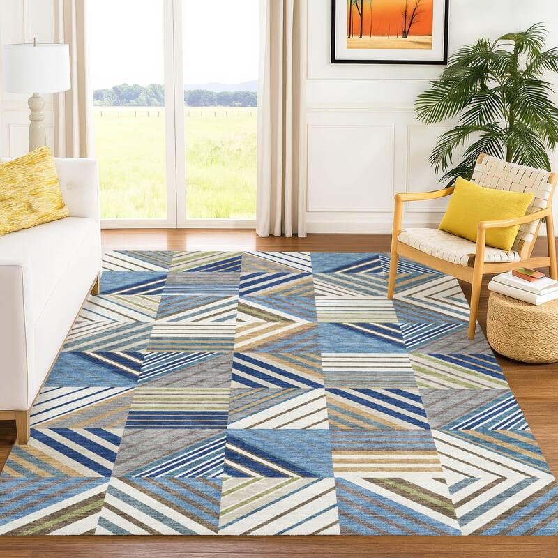 Machine Washable Indoor/ Outdoor Geo Mosaic Chantille Rug
