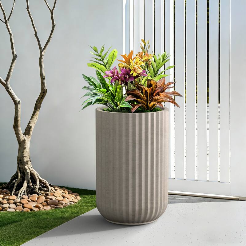 Concrete Tall Round Ribbed Design Planter with Drainage Hole