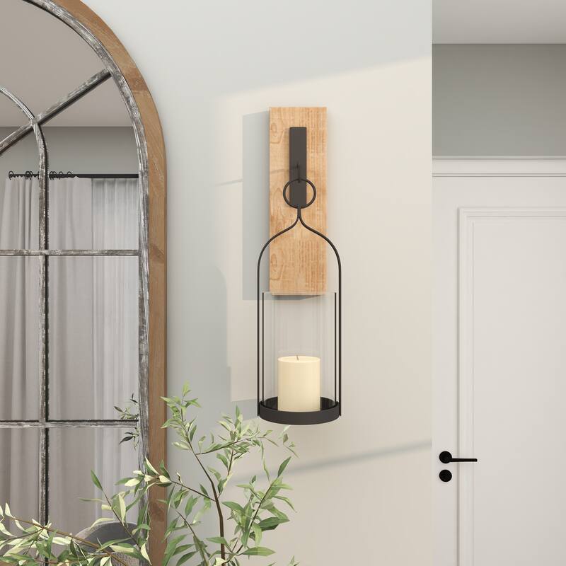 Brown Wood Wall Sconce with Suspended Black Metal and Glass Holder - 6 x 6 x 23