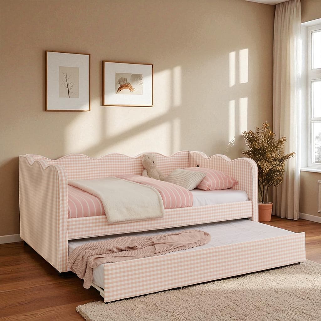 Twin Size Gingham Daybed with Trundle, USB Port, Wave Design, No Box Spring Needed, Linen Upholstered Sofa Bed