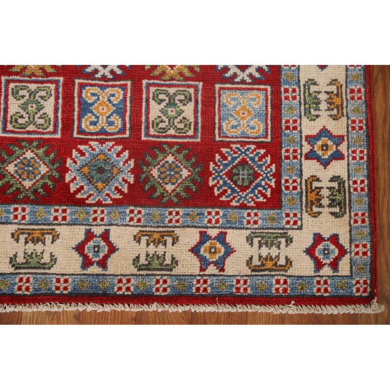 Red Traditional Geometric Kazak Oriental Wool Runner Rug Hand-knotted - 2'9" x 9'9"