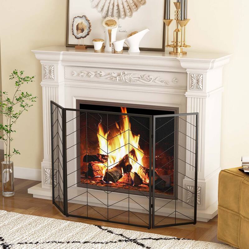 Costway 52 x 31 Inch Fireplace Screen 3-Panel Spark Guard with Chevron - See Details