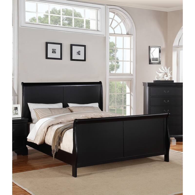 Modern Queen Size Bed with Sleigh Design Headboard and Footboard in Black Finish