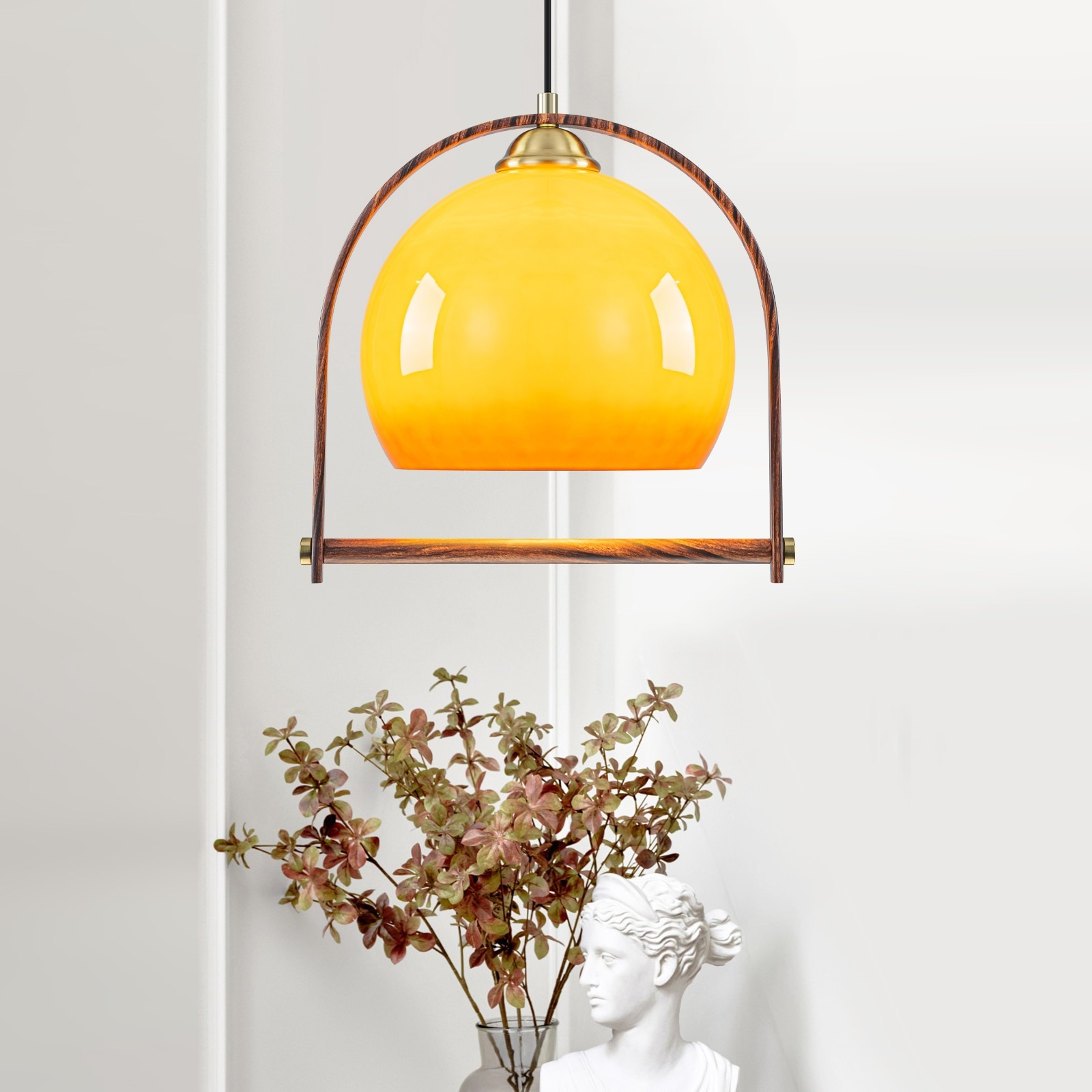 Modern Amber Globe Pendant Light with Arch Frame Kitchen Fixture - Dia.12.5-in
