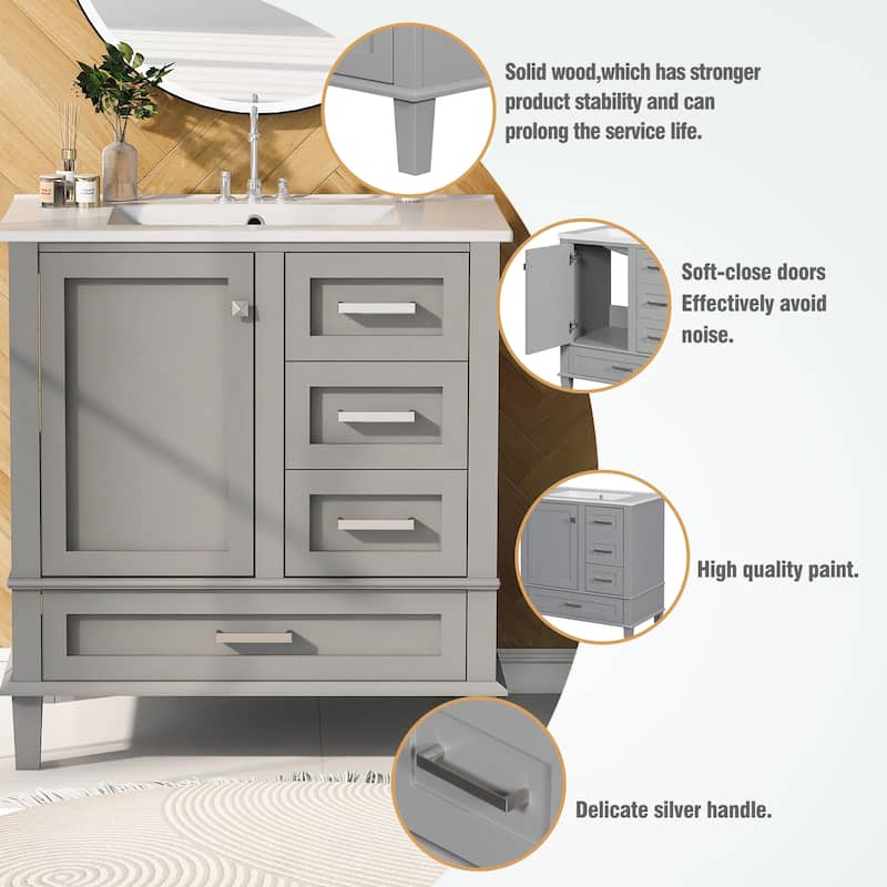 Modern Bathroom Vanity, 30" Freestanding Cabinet with Sink, Bathroom Storage Cabinet with Soft Closing Door and 3 Drawers