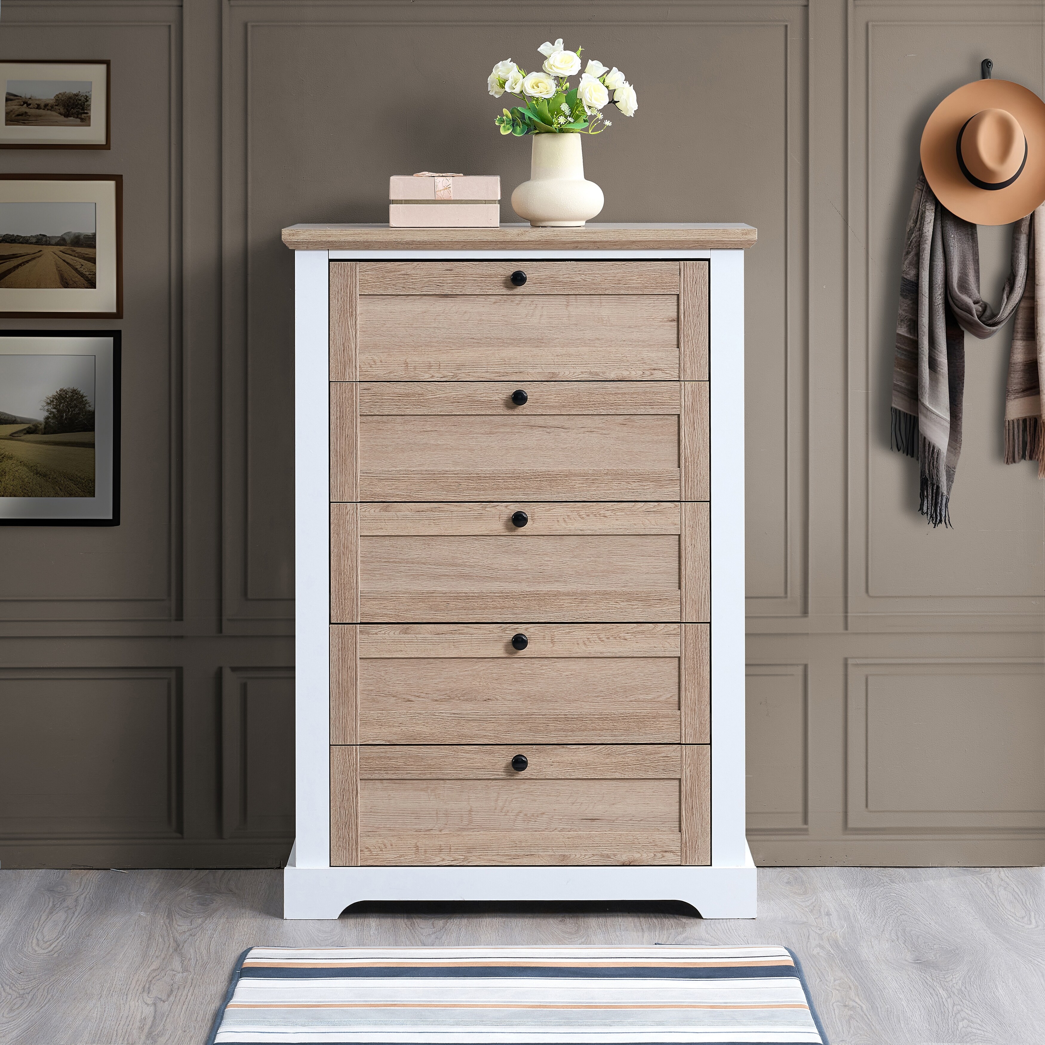 White Oak 5 Drawer Tall Dresser with Smart Design and Interlocking Drawers