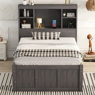 Twin Size Wood Platform Bed with Twin Size Trundle & Charging Station
