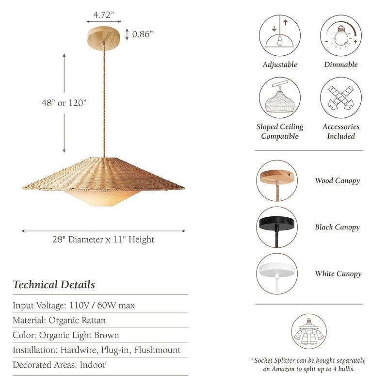 Sunny Rattan Pendant Light - Natural Large Cone 1-Light Handwoven Light Fixture For Modern, Transitional, Farmhouse Room Décor