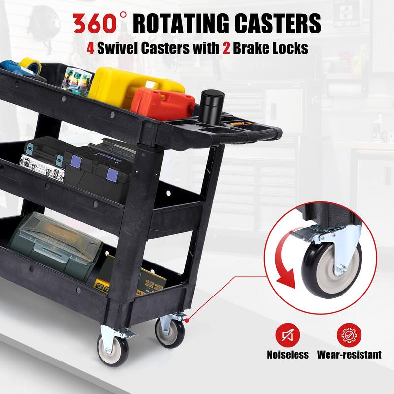 Utility Service Cart, Heavy Duty Plastic Rolling Utility Cart with Wheels, Ergonomic Storage Handle for Warehouse Garage