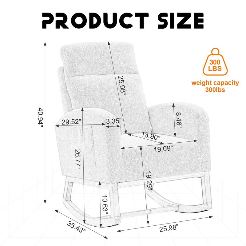 Dark Grey Polyester Wood Rocking Chair with High Back and Side Pocket - 35.43” D x 25.98” W x 40.94” H