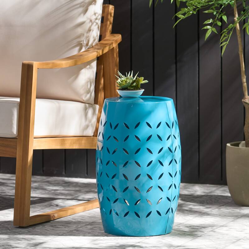 12.25" Modern Round Side Table with Barrel Structure and Iron-cut Design for Living Room or Bedroom