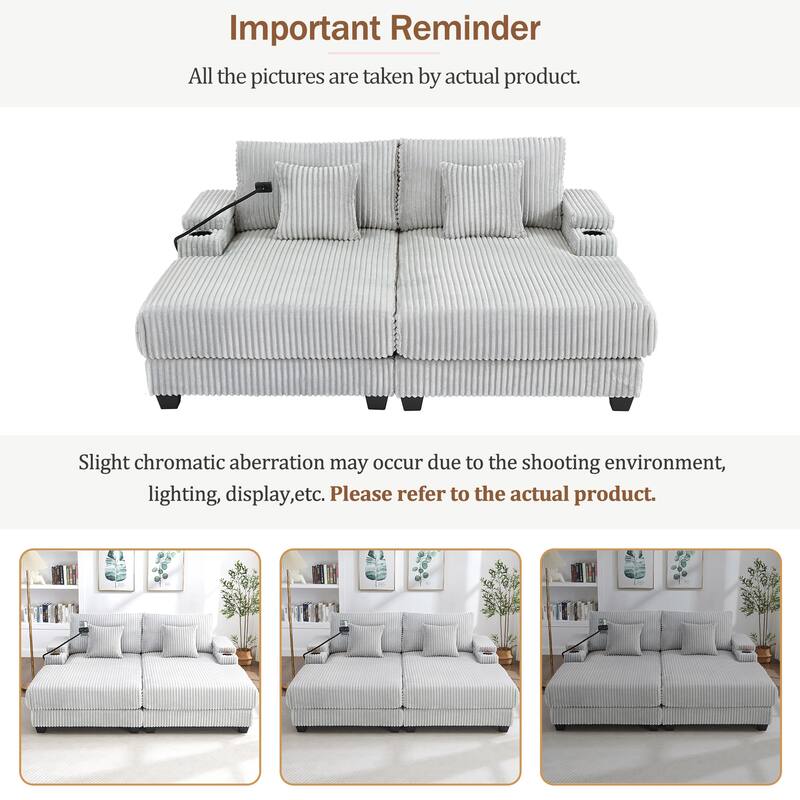 Roomfitters 75 Inch Modern Chaise Lounge Sofa with Adjustable Backrest and Cup Holders, Corduroy