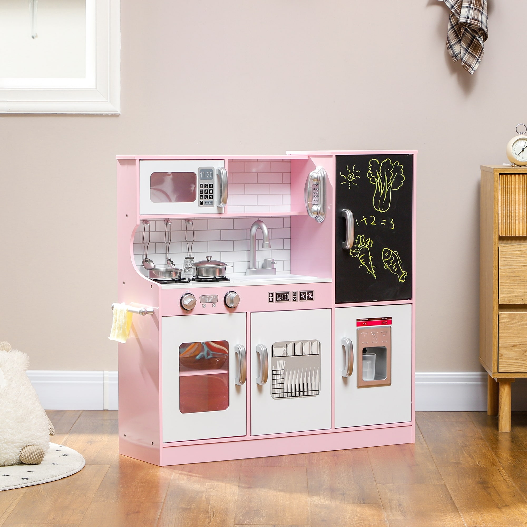 Qaba Kids Play Kitchen Set with Phone, Chalkboard, Ice Maker, Microwave, Sink, Storage, Accessories, Pink