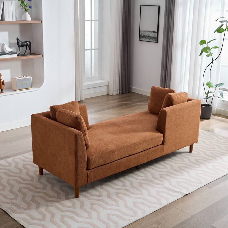 77.95"W Modern Double-Sided Upholstered Chaise Lounge, Sleeper Sofa Couch With 4 Throw Pillows, Daybed with Rubberwood Legs - Caramel