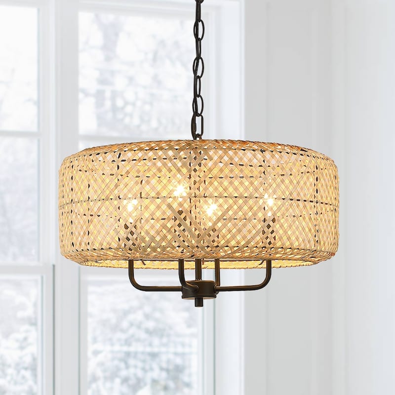 4-Light Bohemian Bamboo Drum Chandelier - Black/Wheat - 19.7 in. W - 19.7 in. W
