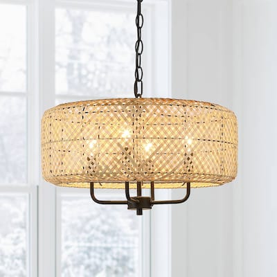 4-Light Bohemian Bamboo Drum Chandelier - Black/Wheat - 19.7 in. W