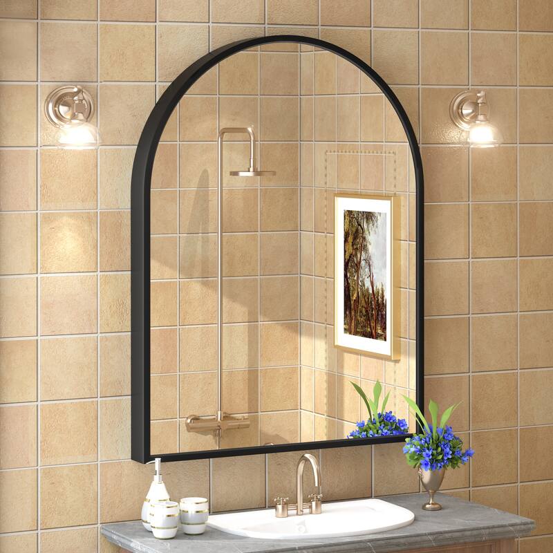 Arch High-Strength Tempered Glass and Aluminum Alloy Framed French Cleat Mounted Wall Mirror - 40" x 30" - Black