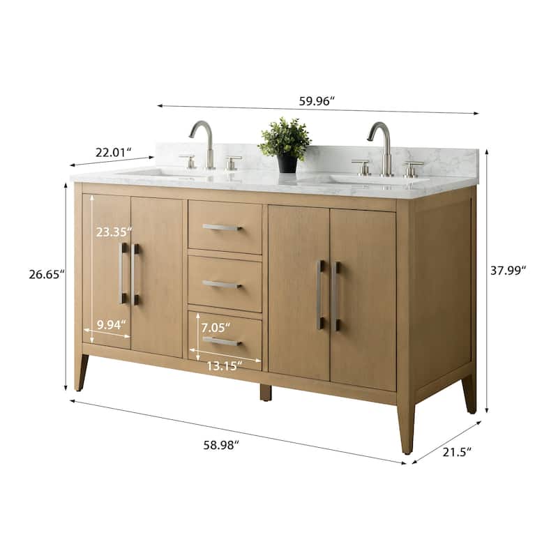 Vanity Art 60" Double Sink Bathroom Vanity Cabinet with Engineered Marble Top