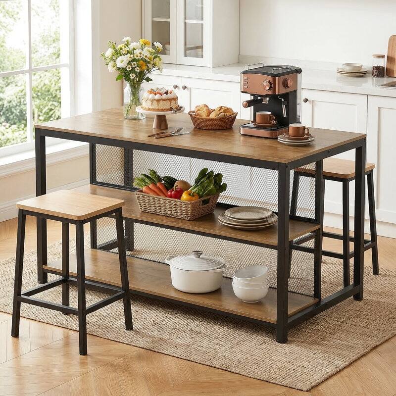 63" Industrial Kitchen Island With Seating & Storage