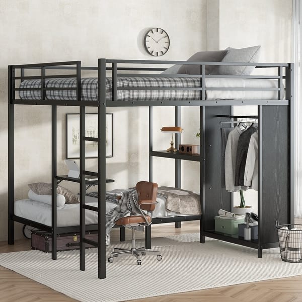 slide 2 of 11, King Over Twin XL Bunk Bed Frame with Built-in Wardrobe Foldable Desk Black Black - King