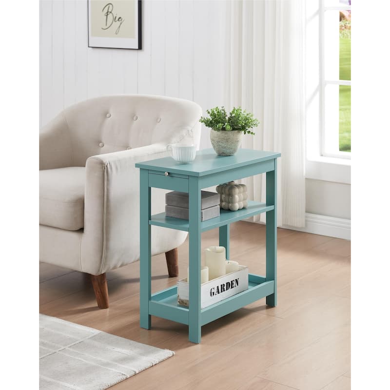 Slim Wood Side End Table with Storage Shelves & Pull-Out Tray, Nightstand for Bedroom, Living Room - 20"L x 11"W x 24"H - Teal