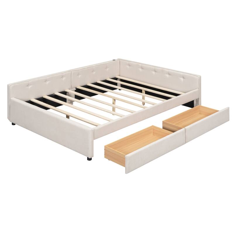 Beige Upholstered Daybed Platform Bed with 2 Storage Drawers Underbed, USB Charging, Linen Fabric, Wood Slat Daybed Frame