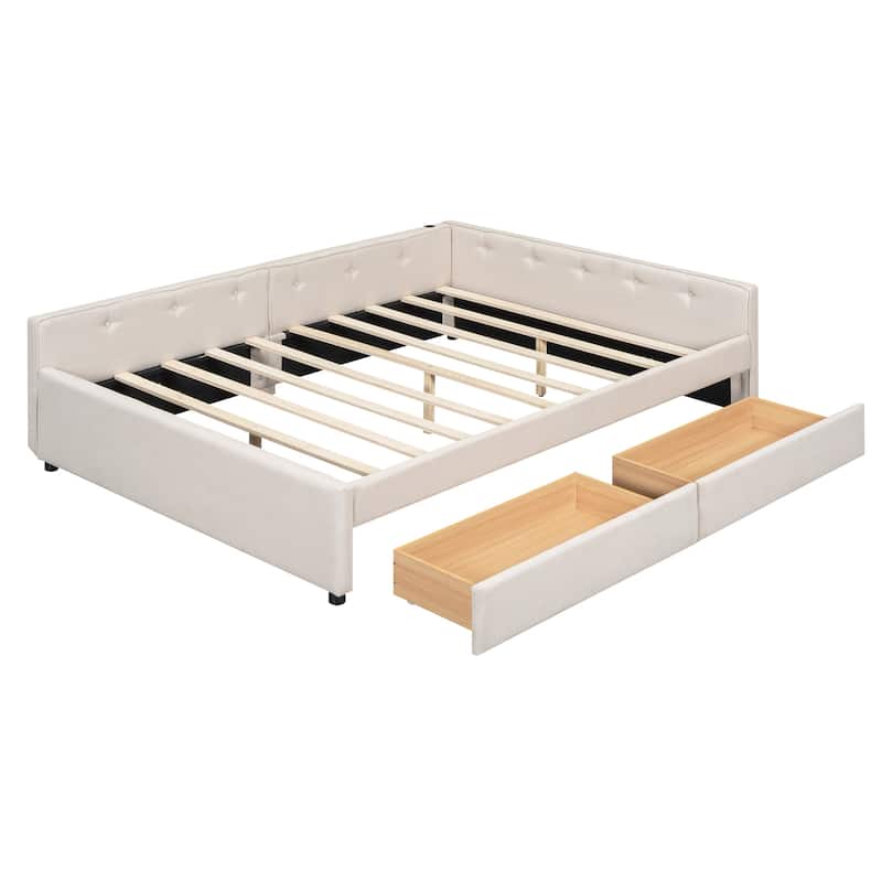 Roomfitters Full/Queen Size Upholstered Platform Bed with USB Port and Storage Base, Beige